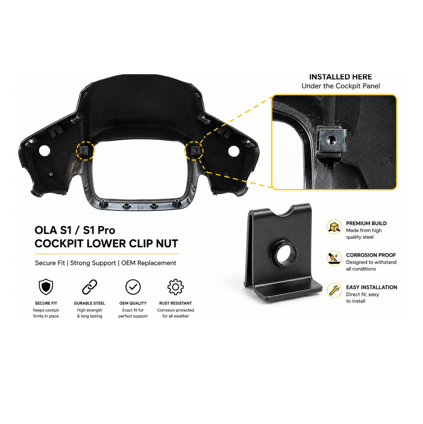 Ola S1 / S1 Pro Cockpit Lower Clip Nut | Dashboard / Panel Metal U Clip Fastener ( 12 Piece )